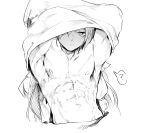  1boy ? abs absurdres armpits closed_mouth greyscale hands_above_head highres long_hair looking_at_viewer male_focus monochrome navel nipples niwamaru_(niwarhythm) niwarhythm original pectorals shirt shirtless simple_background solo spoken_question_mark undressing white_background 