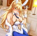  1girl absurdres ahoge animal_ears artoria_pendragon_(fate) artoria_pendragon_(swimsuit_ruler)_(fate) bangs bare_shoulders blonde_hair blue_legwear blue_neckwear blush braid breasts card cleavage clothing_cutout detached_collar fate/grand_order fate_(series) feather_boa fishnet_legwear fishnets french_braid green_eyes hair_between_eyes highleg highleg_leotard highres kurayama large_breasts leotard long_hair looking_at_viewer navel navel_cutout necktie on_bed playboy_bunny playing_card ponytail rabbit_ears sidelocks sitting solo thighs tiara white_leotard wrist_cuffs 