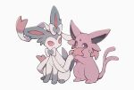  commentary_request espeon forked_tail gen_2_pokemon gen_6_pokemon highres looking_to_the_side no_humans nodori710 pokemon pokemon_(creature) purple_eyes purple_fur simple_background sitting sylveon tail toes white_background 