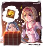  +_+ 2girls blonde_hair blue_eyes blue_hair blurry blurry_foreground breasts cleavage closed_mouth commentary depth_of_field djeeta_(granblue_fantasy) english_commentary gauntlets granblue_fantasy hairband hands_up highres juliet_sleeves long_sleeves lyria_(granblue_fantasy) medium_breasts multiple_girls parted_lips pink_hairband puffy_sleeves runemill smile sparkle treasure_chest twitter_username 