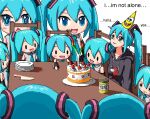 1girl aiu404l among_us birthday_cake birthday_party black_hoodie black_sleeves blue_eyes blue_hair blue_neckwear blush cake chair character_doll closed_mouth collarbone collared_shirt commentary crewmate_(among_us) detached_sleeves drawstring drooling english_commentary english_text food from_behind hat hatsune_miku hood hoodie knife leek lonely long_hair long_sleeves necktie open_mouth parted_lips party_hat pixel_art plate shirt sitting sleeveless sleeveless_shirt smile solo spongebob_squarepants spongebob_squarepants_(character) strawberry_shortcake symbol_in_eye table twintails v-shaped_eyebrows vocaloid white_background white_shirt 