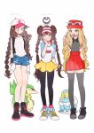  3girls :d alternate_hairstyle bangs baseball_cap black_footwear black_legwear black_vest blonde_hair boots bow braid brown_hair character_name closed_mouth commentary_request denim denim_shorts double_bun eyelashes eyewear_on_headwear foongus froakie gen_5_pokemon gen_6_pokemon grey_eyes grey_legwear grey_shirt hagetapo hand_up hat high-waist_skirt hilda_(pokemon) legwear_under_shorts long_hair multiple_girls on_head open_mouth pantyhose pink_bow pleated_skirt pokemon pokemon_(creature) pokemon_adventures pokemon_on_head raglan_sleeves red_headwear red_skirt servine shirt shoes short_shorts shorts sidelocks skirt sleeveless sleeveless_shirt smile sneakers sunglasses thighhighs twin_braids twintails very_long_hair vest visor_cap white_(pokemon) white_shirt whitley_(pokemon) wristband yellow_shorts yvonne_gabena 