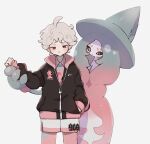  1boy ahoge bangs bede_(pokemon) blush closed_mouth commentary_request curly_hair gen_8_pokemon grey_hair hand_in_pocket hand_up hatterene highres jacket long_sleeves looking_down male_focus nodori710 pokemon pokemon_(creature) pokemon_(game) pokemon_swsh short_hair shorts side_slit side_slit_shorts simple_background white_background zipper_pull_tab 