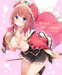  1girl :o alt_(ctrldel) atelier_(series) atelier_totori black_skirt blue_eyes blush bracelet breasts brown_hair cleavage collarbone commentary_request dated eyebrows_visible_through_hair fingernails happy_birthday heart heart_background highres jacket jewelry looking_at_viewer medium_breasts necklace pink_background red_jacket rororina_fryxell short_hair skirt 