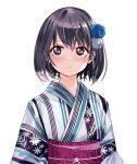  1girl black_hair blue_kimono brown_eyes closed_mouth hair_ornament highres japanese_clothes kimono long_sleeves looking_at_viewer luicent medium_hair original pink_sash pom_pom_(clothes) pom_pom_hair_ornament sash simple_background solo upper_body white_background 
