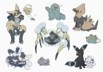  alcremie alternate_color araquanid closed_mouth commentary_request drifloon espurr gen_2_pokemon gen_3_pokemon gen_4_pokemon gen_6_pokemon gen_7_pokemon gen_8_pokemon highres looking_up lucario manectric meowstic meowstic_(female) meowstic_(male) nodori710 pokemon pokemon_(creature) pyukumuku quagsire shiny_pokemon sitting toes umbreon 