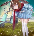  1girl amiya_(arknights) amiya_(fresh_fastener)_(arknights) animal_ear_legwear animal_ears arknights artist_name berylmini blue_coat blue_eyes blue_skirt brown_hair character_name coat commentary_request copyright_name english_commentary feet_out_of_frame flower grass ground_vehicle headlight leaning_forward looking_at_viewer mixed-language_commentary motor_vehicle mountainous_horizon official_alternate_costume rabbit_ears red_scarf scarf scooter short_hair skirt sky solo standing thighhighs white_flower white_legwear 