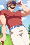  1boy alternate_pectoral_size bara belt blue_belt blue_eyes blush brown_hair bulge cloud cloudy_sky day facial_hair feet_out_of_frame from_below fross2art highres large_pectorals leaning_to_the_side looking_at_viewer male_focus mario mario_(series) muscular muscular_male mustache one_eye_closed overalls pants pectorals red_headwear red_shirt shiny shiny_skin shirt short_hair sideburns sky smile solo standing sunlight thick_thighs thighs tight tight_pants tight_shirt white_pants 