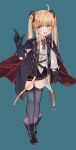  1girl :d ahoge amazon_(azur_lane) azur_lane black_cape black_coat black_footwear black_gloves black_skirt blonde_hair blue_background boots bright_pupils cape coat collared_shirt full_body gloves green_eyes grey_legwear highres index_finger_raised leaning_forward long_hair long_sleeves looking_at_viewer luicent miniskirt neck_ribbon open_mouth pleated_skirt red_neckwear red_ribbon ribbon sanpaku shirt simple_background skirt smile solo thighhighs twintails two-sided_cape two-sided_fabric untucked_shirt white_pupils white_shirt wing_collar 