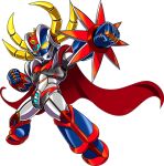  cape chibi clenched_hands commission glowing glowing_eyes grendizer grendizer_giga heyzan highres horns looking_at_viewer mazinger_(series) mecha multiple_horns no_humans red_cape super_robot ufo_robo_grendizer white_background yellow_eyes 
