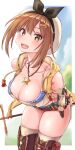  1girl atelier_(series) atelier_ryza belt breasts brown_eyes brown_hair cleavage hair_ornament hairclip hat jewelry large_breasts looking_at_viewer medium_hair necklace nyantiu open_mouth red_shorts reisalin_stout short_shorts shorts smile solo thighhighs thighs white_headwear 