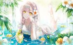  barefoot braids butterfly dress drink flowers food fruit gray_hair kuma_9180 long_hair original water yellow_eyes 