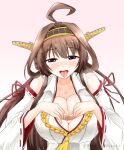  1girl after_paizuri ahoge breasts brown_hair cum cum_on_body cum_on_breasts detached_sleeves double_bun hairband headgear highres japanese_clothes kantai_collection kisaragi_mizuto kongou_(kancolle) long_hair nontraditional_miko purple_eyes remodel_(kantai_collection) ribbon-trimmed_sleeves ribbon_trim solo upper_body 