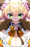  1girl aloe_(kenkou3733) animal_ears bear_ears bear_girl bear_paws bell blonde_hair bow bowtie breasts cleavage cleavage_cutout clothing_cutout face fangs flower frilled_shirt frills gradient_hair green_eyes hair_flower hair_ornament highres hololive jingle_bell large_breasts long_hair looking_at_viewer momosuzu_nene mouth_pull multicolored_hair multicolored_neckwear neck_bell orange_shirt peach_ornament pink_hair portrait sharp_teeth shirt sleeveless sleeveless_shirt solo teeth two_side_up v-shaped_eyebrows virtual_youtuber 
