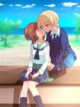  2girls bag bangs black_legwear black_neckwear blonde_hair blouse blue_eyes blue_skirt blue_sky blue_sweater blurry blurry_background braid brown_eyes brown_footwear brown_hair clear_sky commentary_request darjeeling_(girls_und_panzer) day dress_shirt eyebrows_visible_through_hair girls_und_panzer green_skirt hand_on_another&#039;s_shoulder highres holding horizon kiss loafers long_sleeves looking_at_another miniskirt multiple_girls neckerchief necktie nishizumi_miho ocean ooarai_school_uniform outdoors pantyhose pleated_skirt rurikoke sailor_collar school_bag school_uniform serafuku shirt shoes short_hair sitting skirt sky socks squatting st._gloriana&#039;s_school_uniform sweater tied_hair twin_braids v-neck white_blouse white_sailor_collar white_shirt wing_collar yuri 