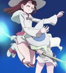  2girls boots brown_hair closed_eyes closed_mouth diana_cavendish haruyama_kazunori hat kagari_atsuko light_green_hair little_witch_academia long_hair luna_nova_school_uniform multicolored_hair multiple_girls no_panties school_uniform skirt thigh_boots thighhighs two-tone_hair wavy_hair 