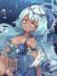  1girl angel angel_wings brown_eyes bubble caustics chain_paradox copyright_name dark-skinned_female dark_skin flower glasses harenochi_hareta light_blue_hair looking_at_viewer midriff official_art smile underwater upper_body white_wings wings 