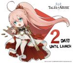  1girl armor armored_dress blue_eyes bullet chibi copyright copyright_name countdown dress english_text gun logo looking_at_viewer official_art open_mouth pink_hair ponytail rifle shionne_(tales) solo tales_of_(series) tales_of_arise thick_thighs thighhighs thighs weapon white_legwear 