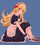  1girl :3 absurdres adjusting_clothes adjusting_shoe alternate_costume apron black_dress blonde_hair blush_stickers bow closed_mouth dress enmaided frilled_apron frilled_dress frilled_sleeves frills full_body hair_bow hand_on_own_knee highres huge_filesize knees_up long_hair looking_at_viewer maid maid_headdress monogatari_(series) oshino_shinobu red_bow shoes short_sleeves sneakers solo very_long_hair white_apron wrist_cuffs yellow_eyes yu_yin 