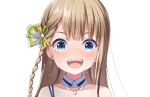  1girl bangs blonde_hair blue_eyes blush braid close-up collar collarbone cygames eyebrows_visible_through_hair face flying_sweatdrops hair_ornament hair_strand highres idoly_pride long_hair looking_ahead looking_at_viewer narumiya_suzu official_art open_mouth shoulders smile strap sweat teeth upper_teeth 