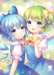  2girls blue_bow blue_dress blue_eyes blue_hair blue_skirt blue_vest blush bow cirno daiyousei dress eyebrows_visible_through_hair fairy fairy_wings frilled_shirt_collar frills green_hair grin hair_between_eyes hair_bow ice ice_wings long_hair looking_at_viewer multiple_girls open_mouth pjrmhm_coa puffy_short_sleeves puffy_sleeves shirt short_hair short_sleeves side_ponytail skirt smile touhou v vest white_shirt wings 