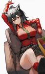  animal_ears apple arknights arm_up armchair bare_legs basket belt black_hair black_shorts breasts chair closed_mouth collared_shirt commentary_request ear_piercing ema_(kuguiema) food fruit gloves green_neckwear highres large_breasts leg_up long_hair long_sleeves looking_at_viewer mouth_hold necktie piercing ponytail red_eyes red_gloves red_shirt shirt shorts sidelocks simple_background sitting striped striped_neckwear texas_(arknights) texas_(willpower)_(arknights) underbust vertical-striped_shorts vertical_stripes white_background wolf_ears 