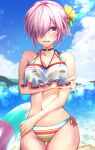  1girl bangs bare_shoulders bikini breasts cleavage collarbone fate/grand_order fate_(series) hair_over_one_eye herigaru_(fvgyvr000) highres large_breasts light_purple_hair looking_at_viewer mash_kyrielight multicolored multicolored_bikini multicolored_clothes navel purple_eyes rainbow_bikini sheer_clothes short_hair solo striped striped_bikini swimsuit swimsuit_of_perpetual_summer_ver.02 thighs 