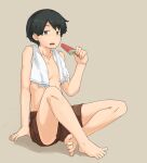  1girl bangs barefoot black_hair breasts brown_background brown_eyes brown_shorts chagamaka crossed_legs food full_body highres indian_style kantai_collection mogami_(kancolle) popsicle short_hair shorts simple_background sitting small_breasts solo swept_bangs towel towel_around_neck watermelon_bar 