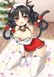  animal_ears antlers azur_lane bell between_legs black_hair braid breast_hold breasts brown_ribbon cat_ears cat_tail christmas_lights christmas_ornaments christmas_tree cleavage dress ears_down ebino_mayo elbow_gloves eyebrows_behind_hair fake_antlers fur_collar gloves hair_ribbon hair_rings highres large_breasts long_hair looking_at_viewer neck_bell official_alternate_costume ooshio_(azur_lane) ooshio_(present_from_a_reindeer)_(azur_lane) open_mouth party_popper red_dress red_eyes red_ribbon reindeer_antlers ribbon ribbon-trimmed_legwear ribbon_trim short_dress signature smile tail thighhighs twin_braids white_gloves white_legwear 