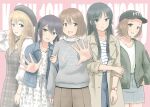  5girls akiyama_mio arm_behind_head baseball_cap beret black_hair blonde_hair blue_eyes brown_eyes brown_hair casual coat dress floral_print fukushima_uichi grey_eyes hair_between_eyes hair_ornament hairclip hands_on_hips hat highres hirasawa_yui k-on! kotobuki_tsumugi locked_arms long_hair looking_at_viewer miniskirt multiple_girls nakano_azusa outstretched_hand pants pinafore_dress shirt short_hair skirt smile striped striped_shirt sweater tainaka_ritsu thick_eyebrows twintails watch wristwatch 