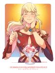  1girl blonde_hair blush bracelet breasts cleavage dessert detached_sleeves earrings eating english_text final_fantasy final_fantasy_xiv food fruit hand_on_own_face jewelry lyse_hext sei_(seiryuuden) shaved_ice smile solo spoon strawberry upper_body 