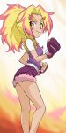  1girl blonde_hair blush_stickers breasts clenched_hands closed_mouth fingerless_gloves fur_trim gloves haruyama_kazunori heybot! long_hair looking_at_viewer multicolored_hair ponytail shorts smile solo thick_eyebrows yellow_eyes 