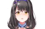  1girl bangs black_hair blush close-up collar collarbone curly_hair cygames eyebrows_visible_through_hair face flying_sweatdrops hairband highres idoly_pride looking_ahead looking_at_viewer official_art parted_lips purple_hairband saeki_haruko_(idoly_pride) shiny shiny_hair shoulders sweat wet wet_hair yellow_eyes 