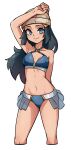  1girl absurdres alternate_costume arm_behind_back arm_up bare_arms beanie bikini black_hair blue_eyes breasts cleavage closed_mouth collarbone commentary criss-cross_halter dawn_(pokemon) english_commentary eyelashes hair_ornament hairclip halterneck hat highres knees long_hair looking_at_viewer midriff navel oninuer pokemon pokemon_(anime) pokemon_dppt_(anime) shiny shiny_skin simple_background solo swimsuit white_background 