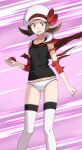  1girl black_shirt bow breasts brown_eyes brown_hair collarbone hat hat_bow hat_ribbon highres holding holding_poke_ball long_hair looking_at_viewer low_twintails lyra_(pokemon) open_mouth panties poke_ball pokemon pokemon_(game) pokemon_hgss purple_background red_bow red_ribbon ribbon scared shiny shiny_hair shirt sleeveless sleeveless_shirt small_breasts solo standing sweatdrop tearing_up thighhighs tsukishiro_saika twintails underwear white_headwear white_legwear white_panties 