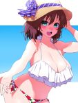  1girl bangs bikini blue_eyes braid breasts brown_hair charlotte_corday_(fate) fate/grand_order fate_(series) green_eyes hat highres large_breasts looking_at_viewer navel onsoku_inu short_hair side_braid solo straw_hat swimsuit 