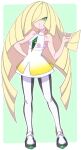  1girl bare_arms bare_shoulders blonde_hair breasts closed_mouth dress green_eyes hair_over_one_eye long_hair looking_at_viewer lusamine_(pokemon) nyantiu pokemon pokemon_(game) pokemon_sm sleeveless sleeveless_dress smile solo very_long_hair white_dress 