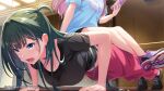  2girls blue_eyes bottle breasts cleavage cygames dripping exercise green_hair hair_ornament hairclip highres holding holding_bottle idoly_pride komiyama_ai large_breasts lights mirror multiple_girls official_art on_floor open_mouth pants pink_hair push-ups room shirt shoes sitting sitting_on_person sweat sweating_profusely sweatpants sweaty_clothes t-shirt water_bottle 