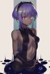  1girl absurdres bangs bare_shoulders black_gloves black_hairband black_legwear black_leotard blue_hair breasts center_opening cleavage collarbone cowboy_shot dark-skinned_female dark_skin elbow_gloves eyebrows_visible_through_hair fate/grand_order fate_(series) fingerless_gloves gloves gradient_hair hairband hassan_of_serenity_(fate) highres leotard looking_at_viewer medium_breasts multicolored_hair navel own_hands_together parted_lips petals purple_eyes purple_hair revealing_clothes short_hair solo sooon stomach thighhighs wading 