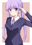  1girl blazer blush border breasts brown_background closed_mouth collared_shirt eyebrows_visible_through_hair highres jacket long_hair long_sleeves neck_ribbon new_game! outside_border pink_ribbon purple_eyes purple_hair purple_jacket ribbon salute shiny shiny_hair shirt small_breasts smile solo suzukaze_aoba twintails upper_body v-shaped_eyebrows very_long_hair white_border white_shirt wing_collar yyamashii 