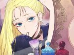  1girl black_choker blonde_hair blue_eyes blue_shirt bottle chiyo951 choker closed_mouth commentary_request hair_tie_in_mouth jujutsu_kaisen long_hair looking_at_viewer makeup_brush mirror mouth_hold nishimiya_momo perfume_bottle reflection shirt solo tying_hair upper_body 