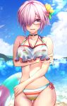  1girl bangs bare_shoulders bikini breasts cleavage collarbone fate/grand_order fate_(series) hair_over_one_eye herigaru_(fvgyvr000) highres large_breasts light_purple_hair looking_at_viewer mash_kyrielight multicolored multicolored_bikini multicolored_clothes navel purple_eyes rainbow_bikini sheer_clothes short_hair solo striped striped_bikini swimsuit swimsuit_of_perpetual_summer_ver.02 thighs 