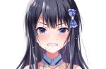  1girl bangs black_hair blue_bow blush bow clenched_teeth close-up collar collarbone cygames face flying_sweatdrops frown hair_bow highres idoly_pride long_hair looking_ahead looking_at_viewer nagase_kotono official_art purple_eyes sweat sweating_profusely teeth transparent_background 