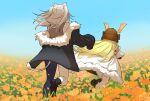  2girls animal_ears armor black_footwear black_jacket blonde_hair blue_sky cape chasing commentary day field fleeing flower flower_field from_behind full_body fur-trimmed_cape fur-trimmed_jacket fur_trim helmet high_heels hololive ina_(inadiary) jacket japanese_armor kabuto lion_ears lion_girl lion_tail long_hair motion_blur multiple_girls off_shoulder outdoors running shishiro_botan silver_hair single_leg_pantyhose sky tail tsunomaki_watame virtual_youtuber white_cape 