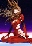  1girl absurdres beach blue_eyes bodysuit breasts brown_hair cleavage commentary crying crying_with_eyes_open evangelion:_3.0+1.0_thrice_upon_a_time eyelashes floating_hair full_body highres kiyohisa long_hair medium_breasts neon_genesis_evangelion parted_lips plugsuit rebuild_of_evangelion red_bodysuit red_ocean sitting sky solo souryuu_asuka_langley star_(sky) starry_sky tears torn_bodysuit torn_clothes wariza 