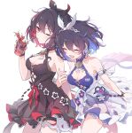  2girls armband bare_shoulders black_dress black_hair black_headwear blue_hair bow bracelet breasts chili_pepper cleavage closed_eyes cup detached_collar dress drink drinking_glass drinking_straw earrings eyebrows_visible_through_hair flower frilled_dress frills hair_between_eyes hair_ornament hexagram highres holding holding_cup honkai_(series) honkai_impact_3rd jewelry medium_hair multicolored_hair multiple_girls nasubi_(1ra1ri1ko2cho1mi2na) official_alternate_costume one_eye_closed open_mouth red_bow red_eyes red_hair red_nails see-through see-through_dress seele_(alter_ego) seele_vollerei seele_vollerei_(stygian_nymph) simple_background star_of_david strapless strapless_dress thigh_strap thighs two-tone_hair walking white_background white_bow white_dress white_headwear 