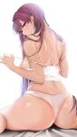  1girl ass back bare_shoulders blush breasts commentary_request damda fate/grand_order fate_(series) from_behind large_breasts long_hair looking_at_viewer panties purple_eyes red_eyes scathach_(fate) scathach_(fate)_(all) simple_background solo underwear white_background white_panties 