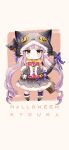  1girl :&lt; :3 absurdres animal_ears animal_hood asymmetrical_legwear bangs black_cat blunt_bangs book boots bow broom bunny_ornament cat cat_ears cat_hood cat_tail chibi curly_hair dress eyebrows_visible_through_hair full_body fur-trimmed_boots fur-trimmed_dress fur-trimmed_hood fur_trim green_bow halloween halloween_costume highres holding holding_book hood jack-o&#039;-lantern kyouka_(princess_connect!) pecorine_(princess_connect!) pink_bow pink_hair pointy_ears pouch princess_connect! purple_bow simple_background single_thighhigh solo tail tail_bow tail_ornament thighhighs twintails two-tone_background vangee white_background yellow_bow yellow_eyes 