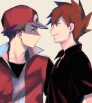 2boys bangs baseball_cap black_shirt blue_oak blush brown_hair collared_shirt commentary dated delta_nonbiri eye_contact grin hat jacket jewelry looking_at_another male_focus multiple_boys necklace pokemon pokemon_(game) pokemon_frlg popped_collar red_(pokemon) red_headwear red_jacket shirt short_hair sleeveless sleeveless_jacket smile spiked_hair teeth upper_body 