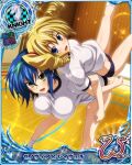  2girls bent_over blonde_hair bloomers blue_eyes blue_hair breasts card_(medium) chess_piece drill_hair eyebrows_visible_through_hair green_hair gym gym_uniform hair_between_eyes high_school_dxd high_school_dxd_new holding_person knight_(chess) large_breasts locked_arms looking_at_viewer multicolored_hair multiple_girls official_art open_mouth ravel_phenex shirt short_hair streaked_hair tongue twin_drills two-tone_hair underwear xenovia_quarta yellow_eyes 